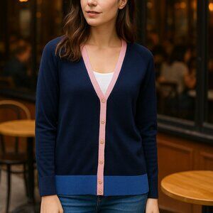 Talbots Cardigan Navy Blue/Pink Tipped Girlfriend Button Sweater SZXS Classic